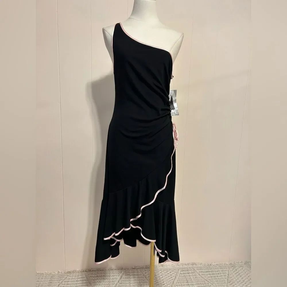 Vintage NWT CityโTriangle Black One-Shoulder Ruffle Midi Dress with Pink Trim L